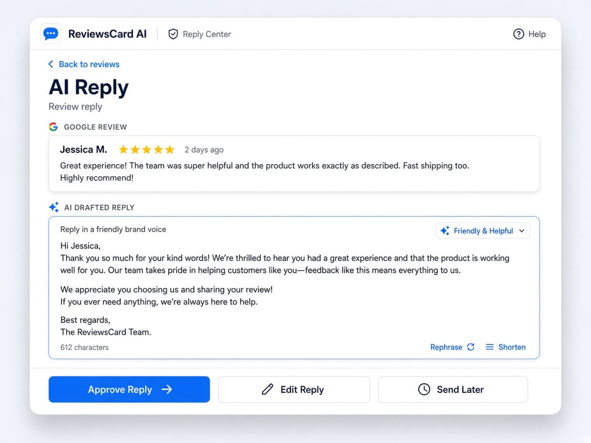 AI-drafted review reply ready to approve in the portal