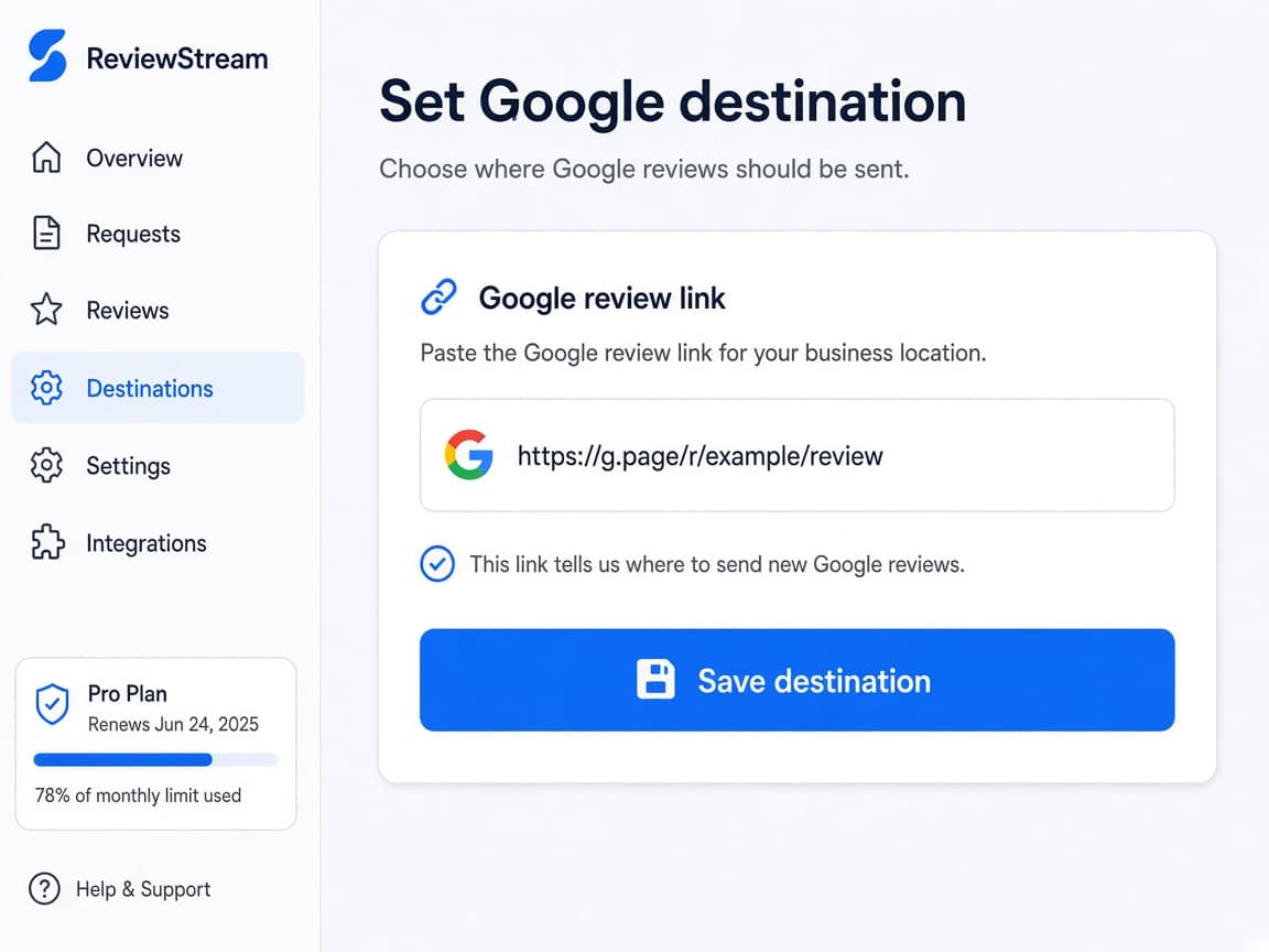 Portal screen for setting a Google review destination link